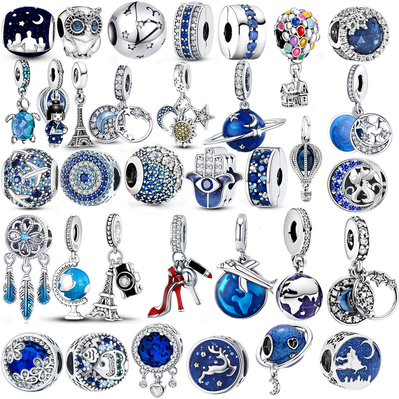 925 Sterling Silver Blue Series Moon Plane Space Series perle di vetro Clip Charm Fit Original Pandora bracciale Bangle Jewelry Gift