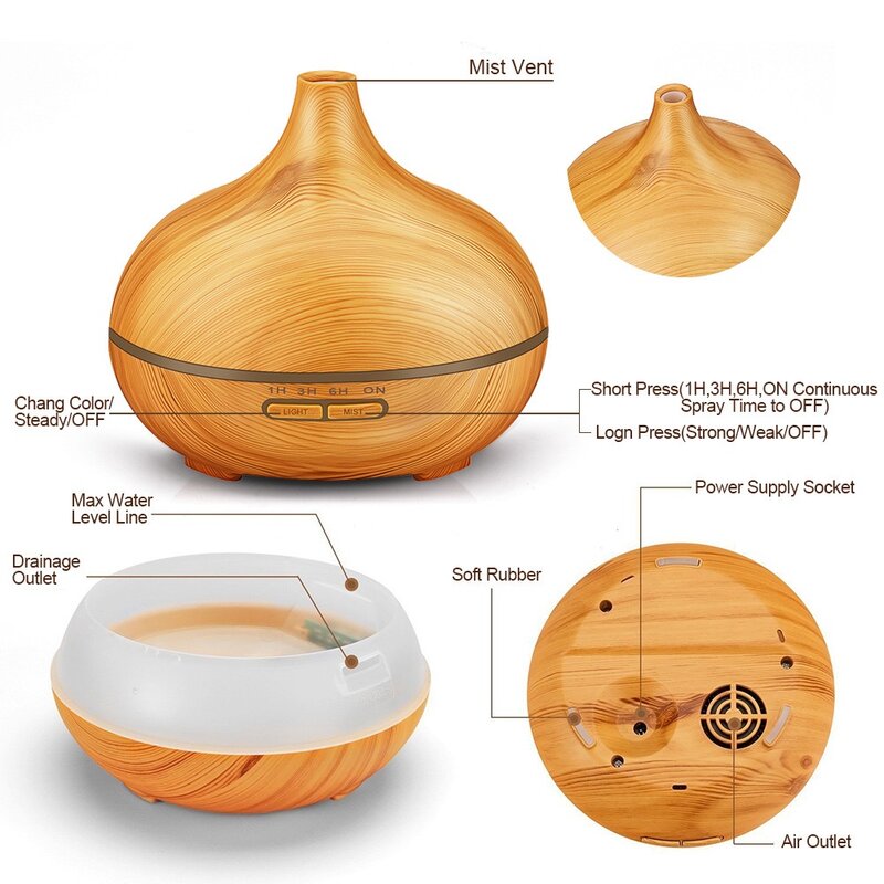 Air Humidifier Aromatherapy Essential Oil Diffuser Wood Grain Electric Ultrasonic Humidifier Remote Control LED Mist Maker