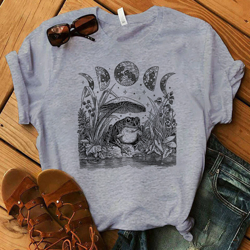 하라주쿠 티셔츠 여성 개구리 사역 재미 있은 달 티셔츠 힙합 Streetwear 여름 빈티지 셔츠 그런지 펑크 미적 의류