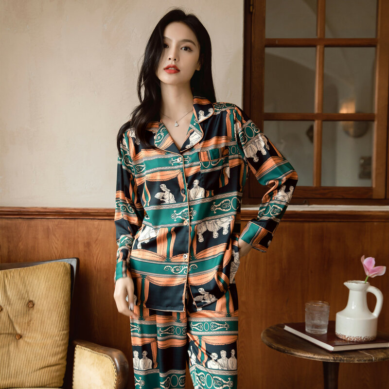 Women's Pajamas Set Medieval Print Silk Like Nightwear Sleepwear Leisure Classic Home Clothes Homewear Long-sleeve Trousers Suit