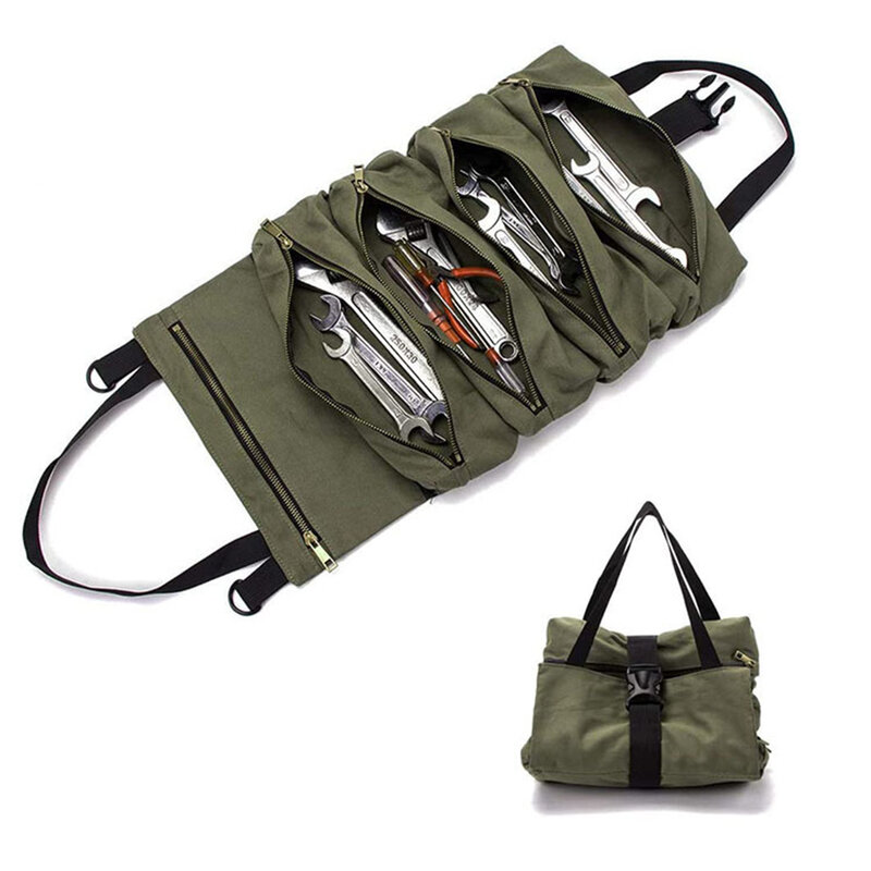 Bolsa de herramientas enrollable multifuncional, bolsa de almacenamiento de lona con múltiples bolsillos, color caqui/Negro/marrón/verde, 30x48x3cm/49x29cm
