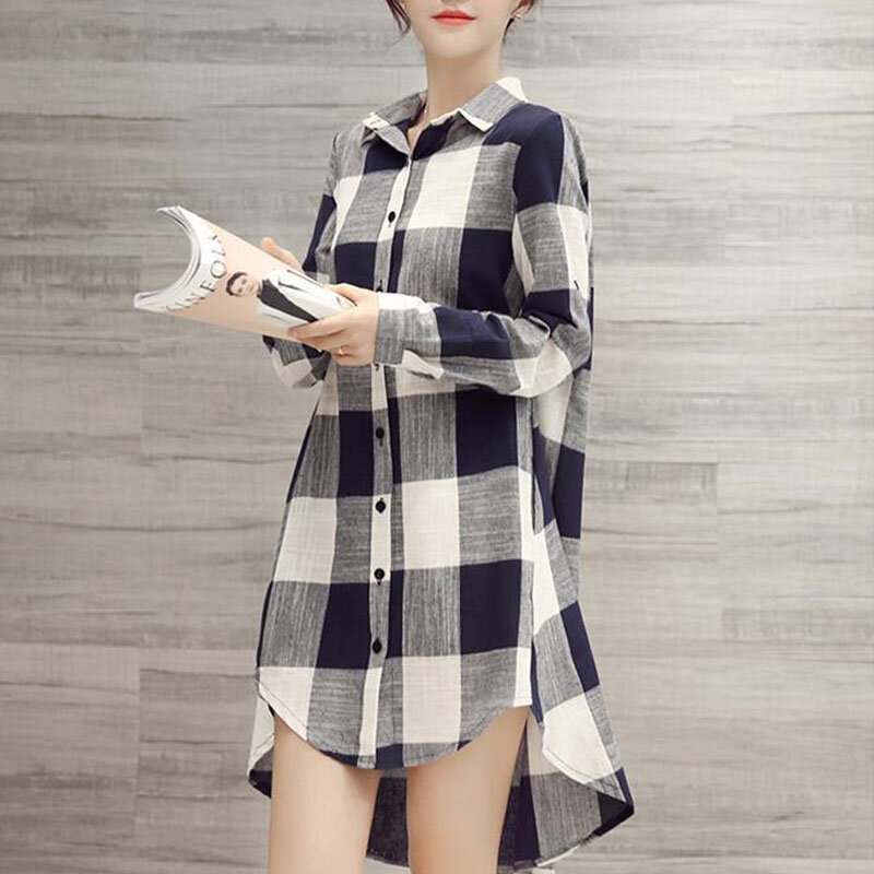 Spring Autumn Casual Plaid Polo-Neck Shirt Women's Clothing Fashion Single-breasted Korean Loose Long Sleeve Pockets Midi Blouse