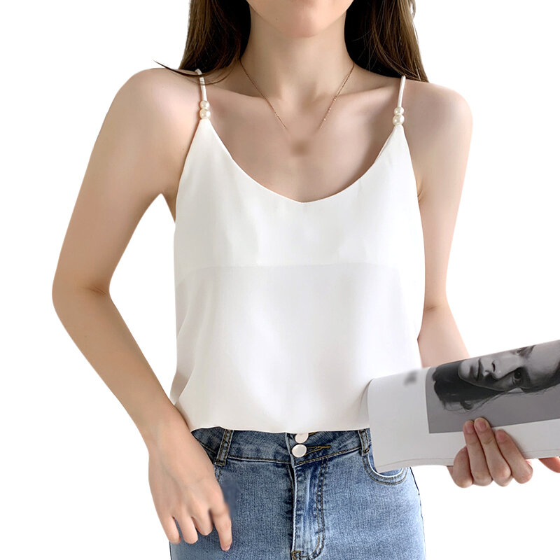 Casual chiffon espaguete cinta v pescoço cor sólida camisa base casual sem mangas tanque top leve colheita para mulher