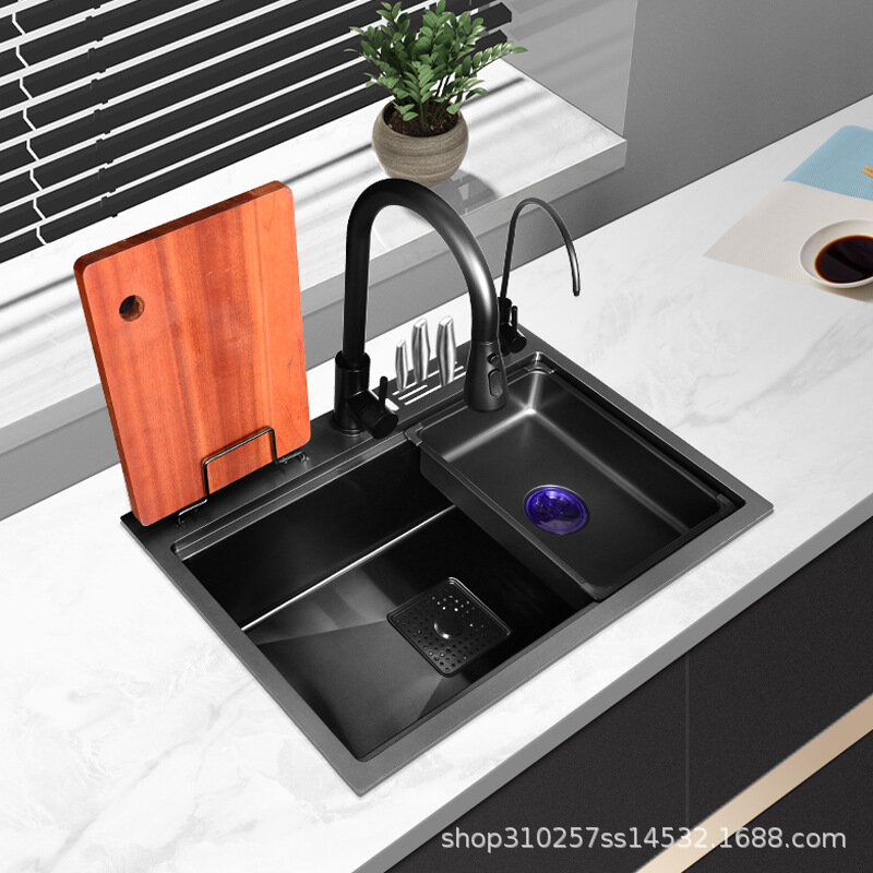 أسود نانو حوض الفولاذ المقاوم للصدأ 304 المطبخ حوض غسيل الأطباق متعددة الوظائف دليل كبير حوض واحد حوض المطبخ بالوعة