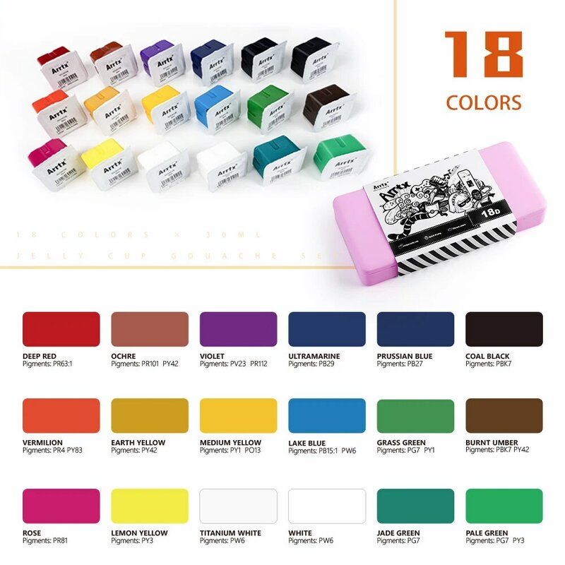 Arrtx 18 kolorów zestaw farb gwaszowych 30ml urocze żelowe wzornictwo kubka z przenośne pudełko i paleta nadaje się do malowania artystów hobbystów
