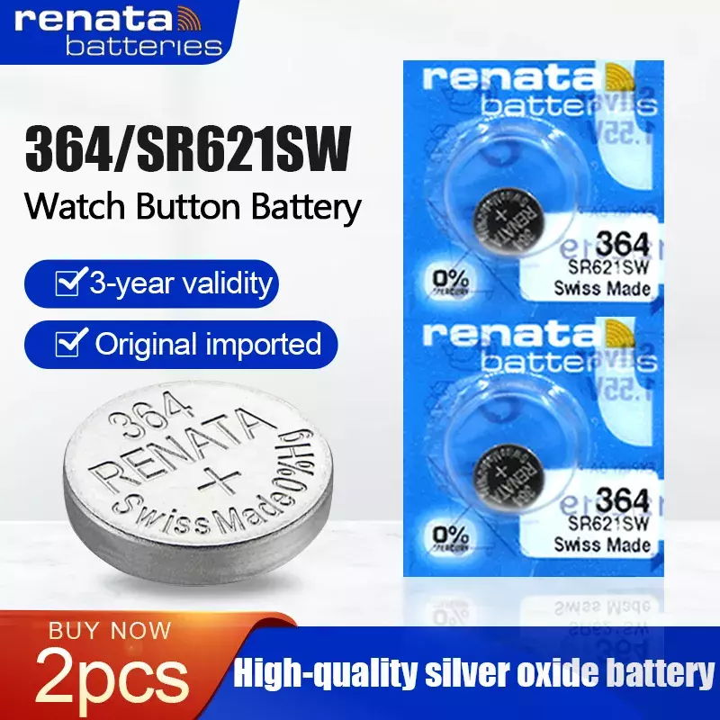 2 pces renata 364 sr621sw ag1 lr60 gp364 164 ee6202 1.55v bateria de relógio de óxido de prata feita na pilha de moedas de botão suíço 100% original
