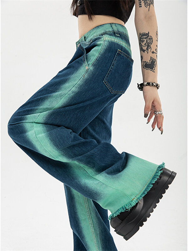 Y2k Jeans Wanita Longgar Antik Lurus Pinggang Tinggi Mode Korea Streetwear Celana Kasual Femme Kaki Lebar Biru Celana Denim Ibu