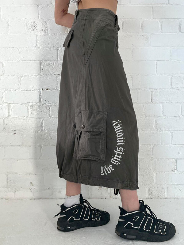 تنورة روكمور هاراجوكو طويلة للنساء ، تنورة طويلة فضفاضة مطبوعة بالرباط Y2K ، ملابس الجرونج