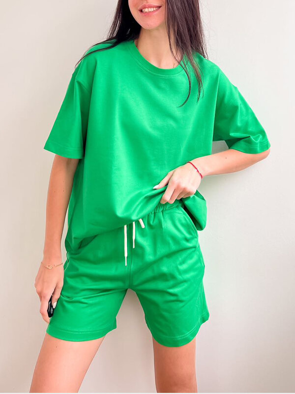 كاندي اللون المرأة الصيف رياضية الأخضر القطن قطعتين مجموعة كبيرة الحجم تي شيرت و السراويل للنساء لينة فضفاضة دعوى وتتسابق