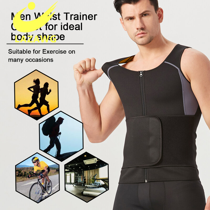 LAZAWG Men Neoprene Sauna Suit Hot Body Shaper Corset for Weight Loss with Zipper Waist Trainer Vest Tank Top Gym Workout Shirt