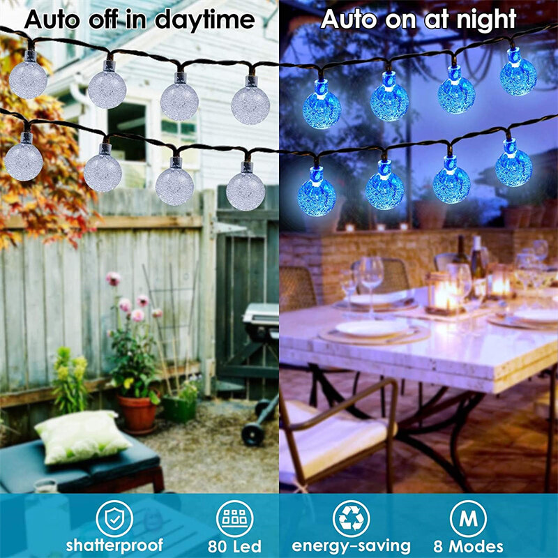 Outdoor Garden Party String Decoração Lâmpada LED, Luzes Globo de Cristal, Impermeável Luz Pátio Alimentado, 8 Modos