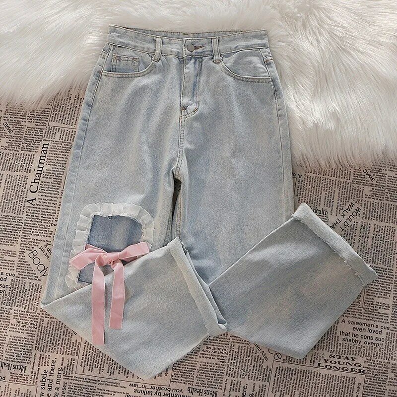 Design sense – jean déchiré pour femmes, pantalon d'été, taille haute, tube droit, jambes larges, pantalon mince et décontracté