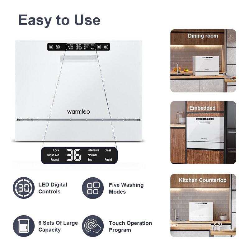 Dishwasher-conjunto de máquina de lavar louça automática, 6 peças, bancada, 5 modos de lavagem, embutido, casa, armário de desinfecção