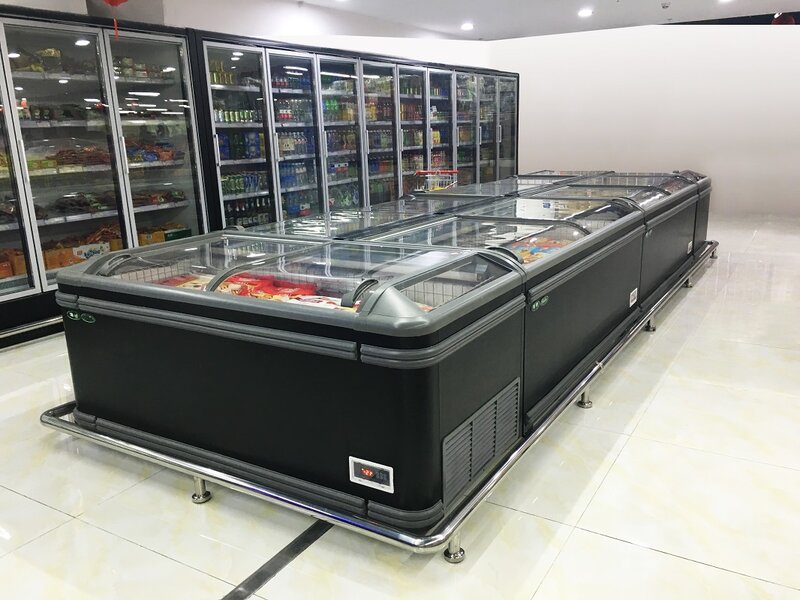 Large Capacity Refrigerator Showcase Curved Glass Door Supermarket Combined Chest Island Freezer