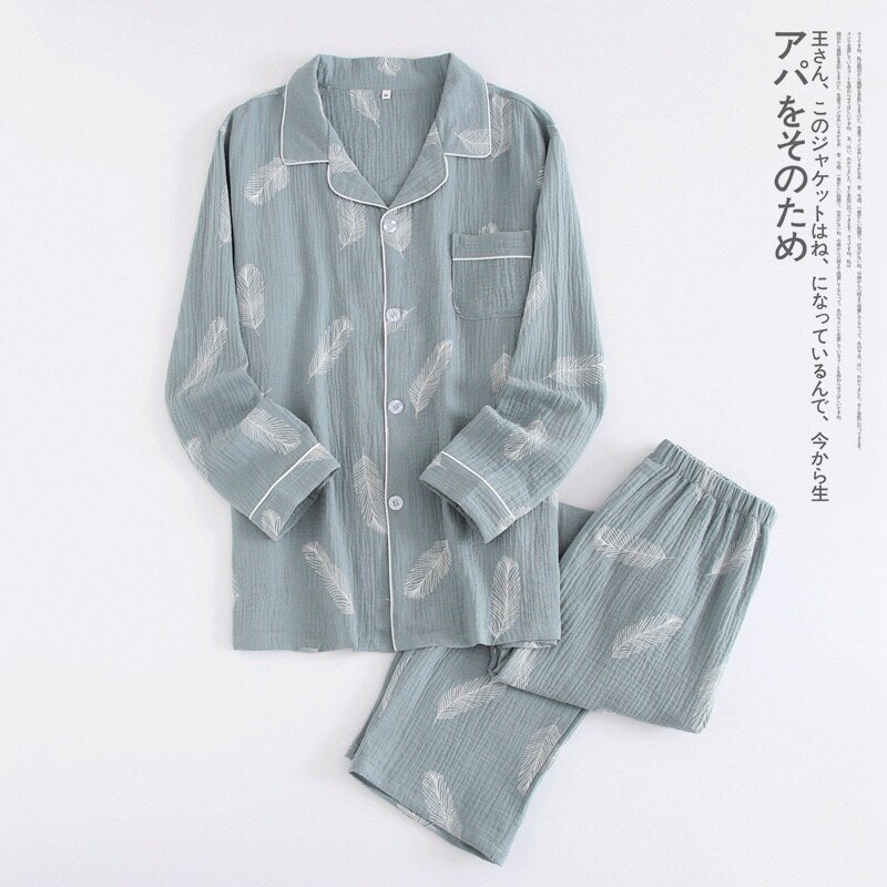 Outono 2 calças conjunto conjunto terno dos homens longo 100% sleepwear gaze algodão dos desenhos animados manga peça pijama crepe homem pijamas novo