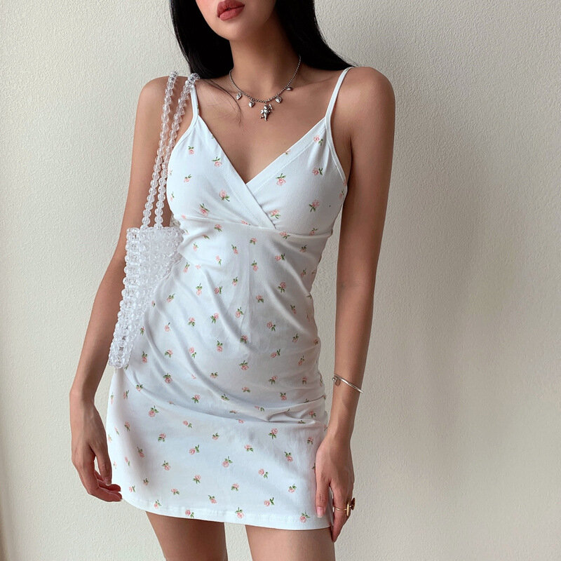 Vintage Floral Cross Camis Dress Women Slim Sleeveless V-Neck Summer Sexy Cute Backless Party Black Mini Dresses Woman Cloth