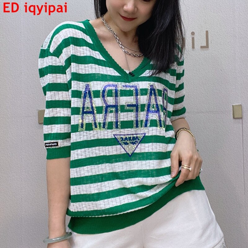ED iqyipai Sequins Letter Thin Sweater Colorblocked Stripe Knitting Wear Women V Collar Casual Half Sleeve Jumper Stretchy Cloth