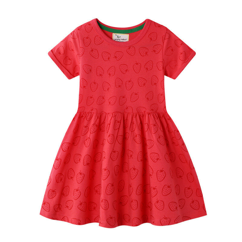 Girls Red Dresses New Summer Childrens Short Sleeves Cotton Print Kids Casual Dresses for Little   Girls