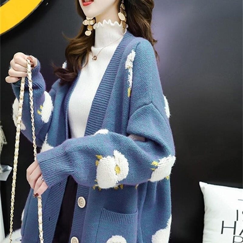 2022 kobiet sweter Cardigans Knitcoat V Neck owce swetry rozpinane ciepła dzianina koreański mody długie kurtki