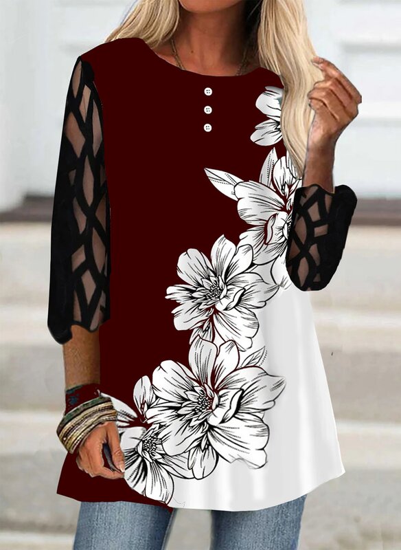 Baju wanita motif bunga, baju pakaian wanita musim semi musim gugur 2023, kaus kasual longgar, motif bunga, leher bulat, lengan jala lengan TopsHalf