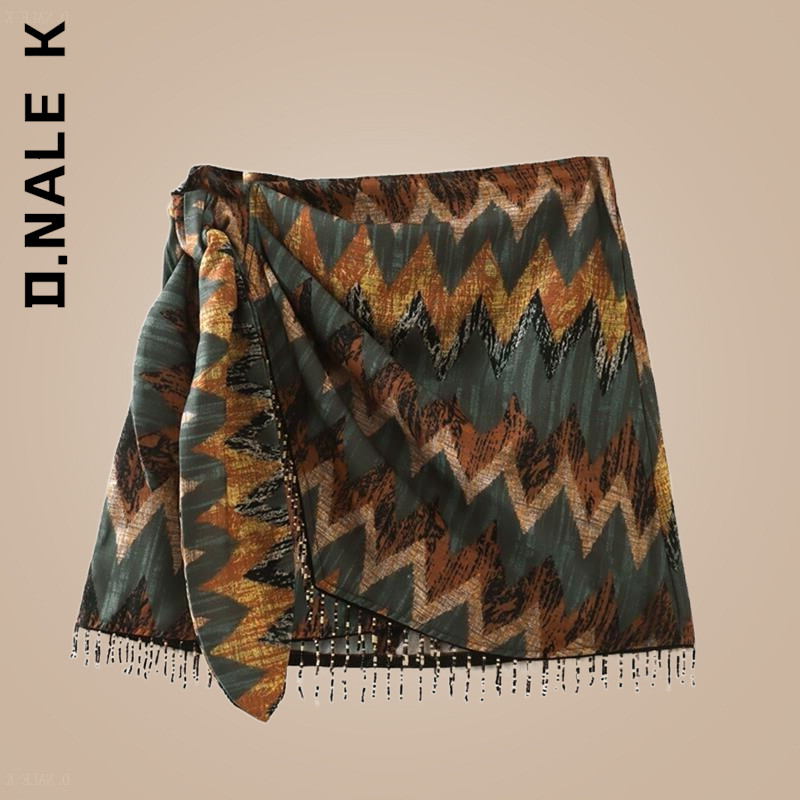 D.nale k-幾何学的なプリントのショートスカート,新しいヴィンテージのショートスカート,結び目のあるウエスト,フリンジとフリンジ付き