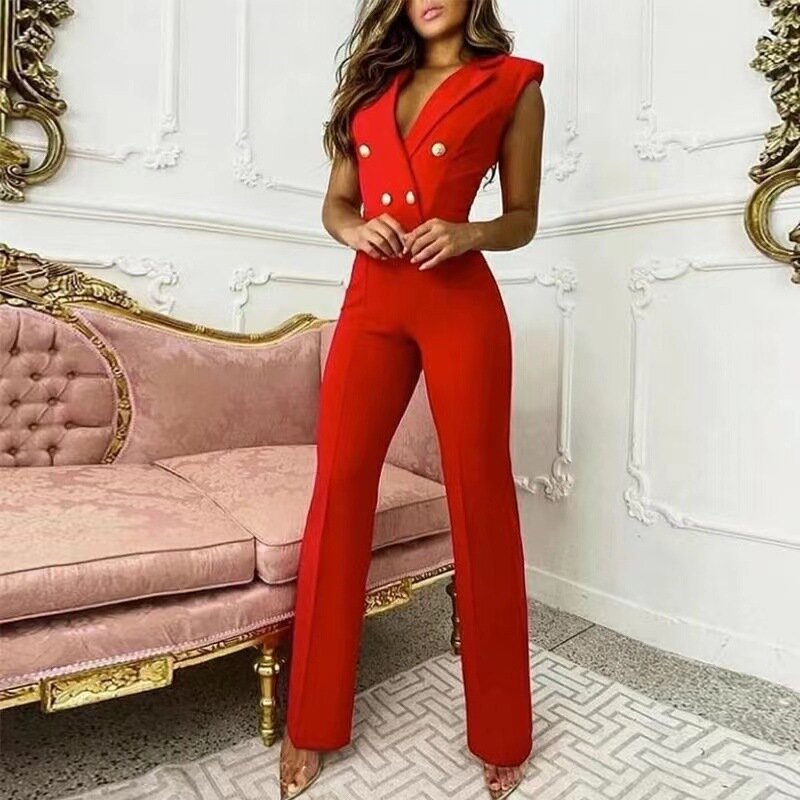 2022 verão vermelho macacões feminino elegante escritório senhoras botão macacão moda houndstooth imprimir casual calças perna larga playsuits
