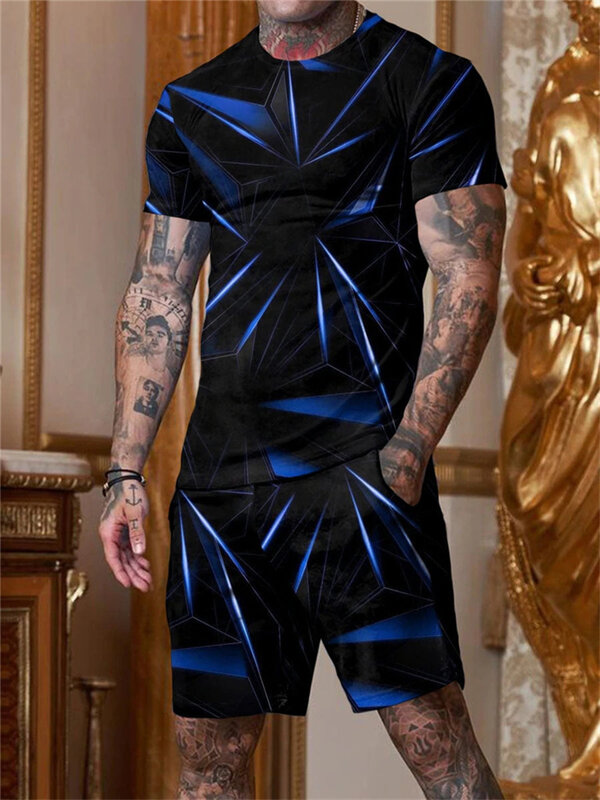 Pakaian Ukuran Besar Pria Kaus Print 3D Jalan Retro Kaus Musim Panas Kualitas Tinggi Pria Celana Pendek Dua Potong Pakaian Olahraga
