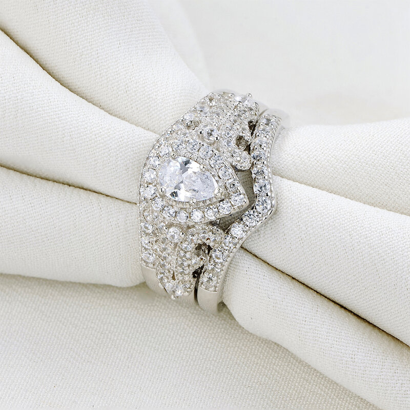 Wuziwen sólido 925 prata esterlina anéis de casamento para as mulheres forma de pêra aaaaa cz conjunto anel de noivado com 2 bandas presente jóias