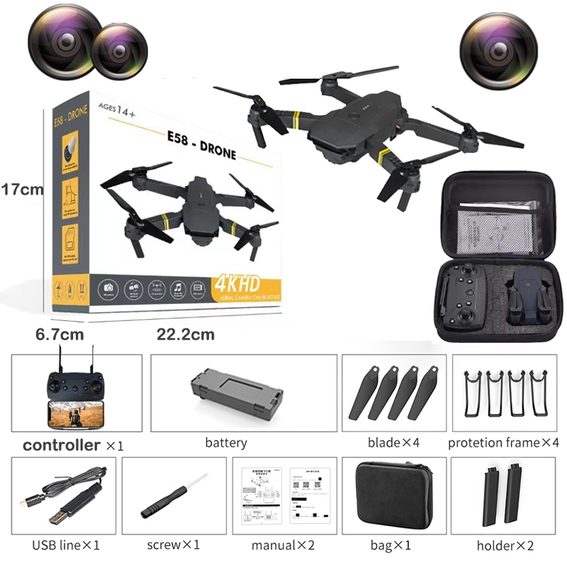Dron cuadricóptero de control remoto con brazo plegable, Dron cuadricóptero con cámara HD 4K, WIFI, FPV, modo de retención de altura, gran angular, E58 Pro