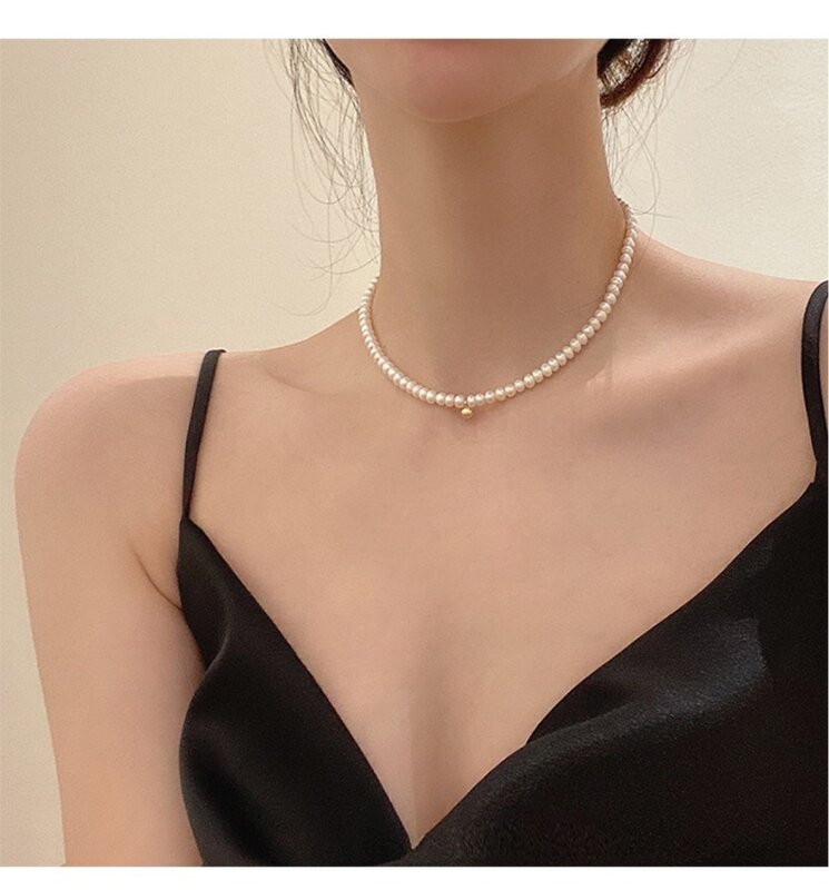 Pearl Necklace Female Ins Contracted  Pure and Fresh Little Golden Beans Pendant Chain Chocker Collarbone French Elegant Jewelry