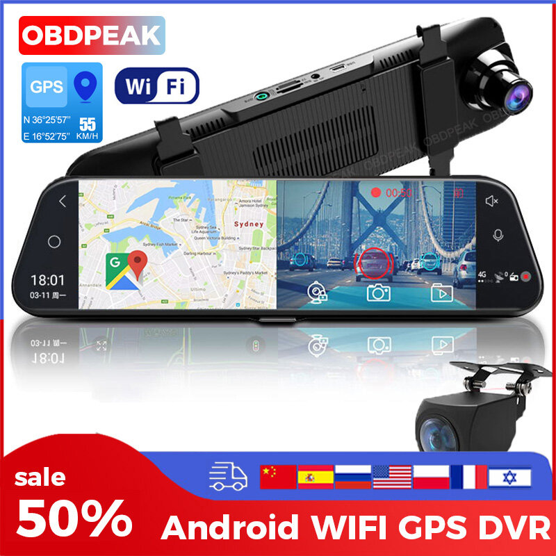Dual 1080P 4G Android 8.1 10 Inci Stream Media Kaca Spion Mobil Kamera Bluetooth Mobil Dvr ADAS Super Malam WiFi GPS Kamera Dasbor