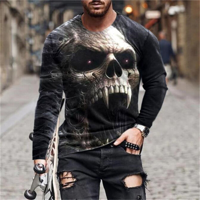 T-Shirt manches longues col rond homme, Streetwear décontracté et surdimensionné avec impression numérique de crâne d'horreur 3D, automne