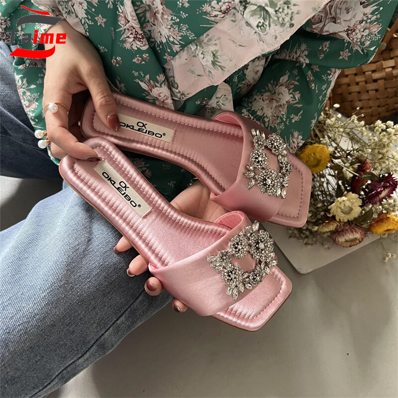 TAIME Rhinestone Sandal Women 2022 Slides Flat Slippers Woman Square Toe Flip Flops Brand Summer Shoes Claquette Femme Sandales