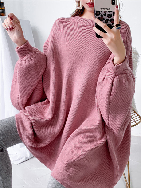 [EAM] Big Size Gray Knitting Sweater Loose Fit Round Neck Long Sleeve Women Pullovers New Fashion Autumn Winter 2023 1Y190