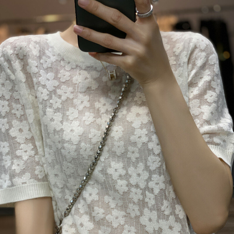 2022 verão nova camisola feminina pulôver de manga curta gancho flor oco ligeiramente transparente solto jacquard francês lã sweate