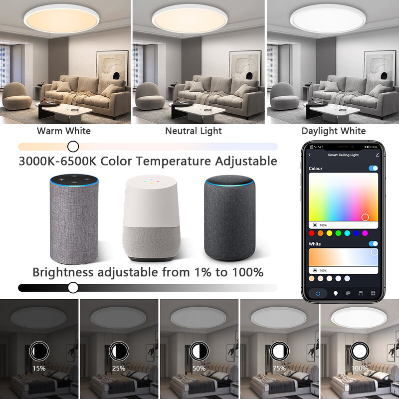 Tuya-모던 스마트 LED 천장 조명, CW WW 40W, 밝기 조절 가능한 RGB 색상 변경, 뒷면 음성 제어, Alexa, 가정용
