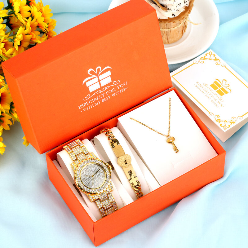 Luxe Gouden Horloge Voor Vrouwen Armband Sleutel Ketting Gift Set Voor Dames Mode Strass Quartz Horloges Reloj De Mujer