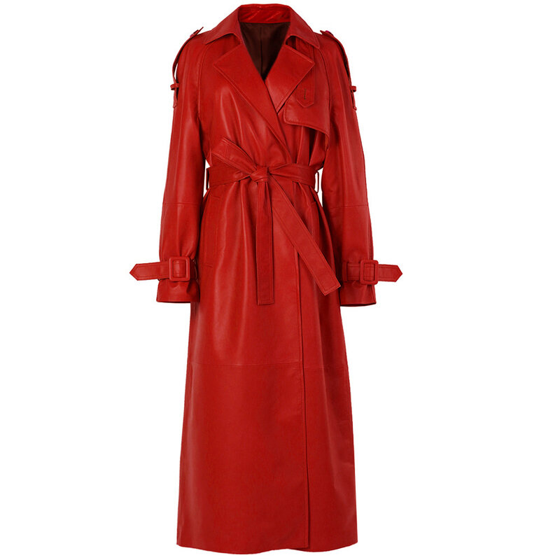 YOLOAgain-gabardina de piel auténtica para mujer, abrigo largo con patrón de cocodrilo, con cinturón