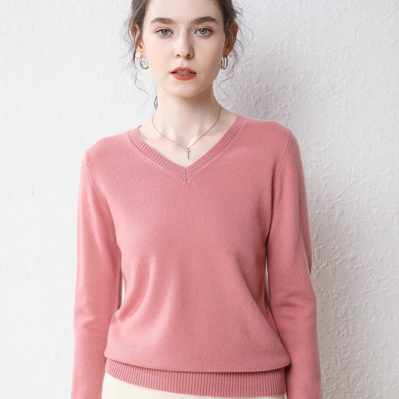 100% Pure Wool Women's V-Neck Spring And Autumn Elegant Pullover Fashion Comfortable All-Match Chic Top Basic Knitted Sweater
