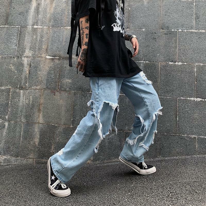 Houzhou rasgado calças de brim dos homens angustiados calças de brim do punk harajuku hip hop calças de brim masculino vintage buraco japonês streetwear