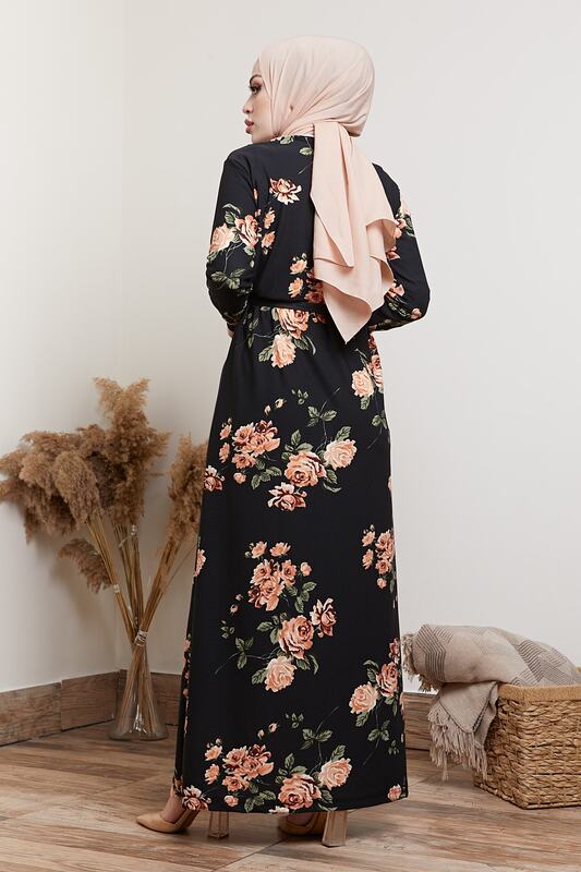 Damski czarny wzór w kwiaty hidżab sukienka-odzież dla muzułmanów Lux tkanina wysokiej jakości sukienka jednoczęściowa