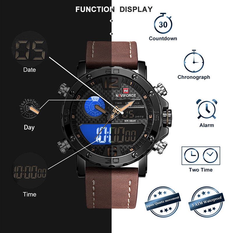 Naviforce masculino topo de luxo da marca quartzo relógio de pulso digital de couro relógios esportivos masculinos casual militar relógio relogio masculino