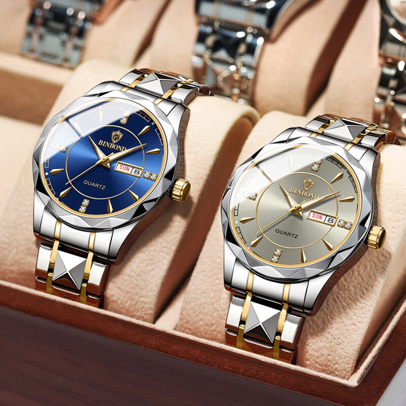 Binbong Paar Uhren Mode Diamant Zifferblatt leuchtende wöchentliche Kalender Anzeige Quarzuhr neue Paar Uhr wasserdicht