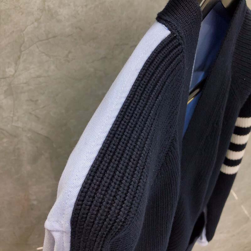 TB THOM Cardigan V Neck Sweater Wool White 4-Bar Striped Design Loose Men Jacket Outerwear Korean High Quality Men's Sweater