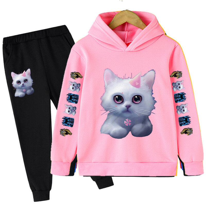 New Boys and Girls Hoodie Set Cute Cat Children's Hooded Sportswear Set 4-14 Boys Hooded Sweater Children's Wear
