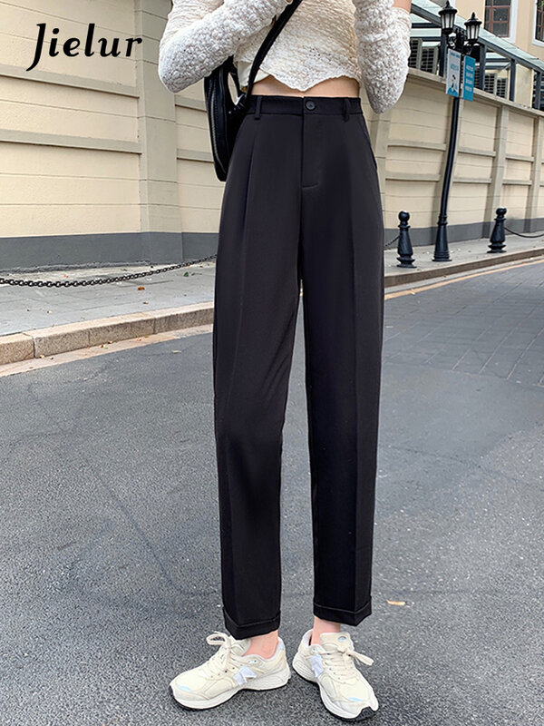 Jielur-pantalones Capri rectos para mujer, ropa de oficina de moda coreana, color gris y negro, traje informal con cinturón, S-4XL de otoño