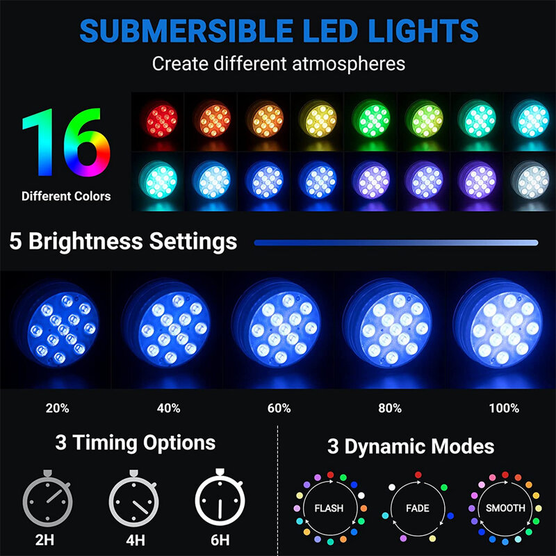 13 LED RGB Submersible Light with Suction Cups and Magnets IP68 Waterproof Underwater Night Lamp Fountain Swimming Pool Light