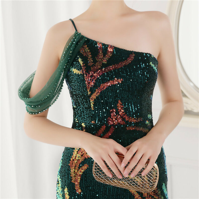 One Shoulder Sleeveless Lace Cocktail Party Dress Luxury Sequin Glisten Mermaid Dress Sexy Split Backless Long Evening Dresses