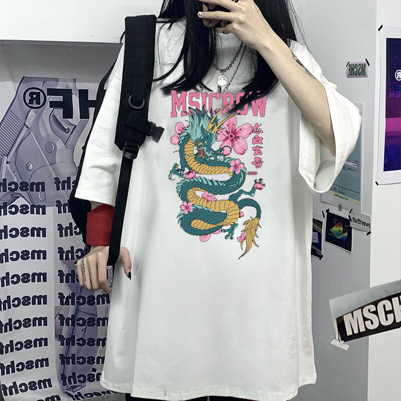 Streetwear topy męska koszulka Ulzzang Harajuku Vintage chiński nadruk ze smokiem T-shirt lato ponadgabarytowych luźne dorywczo koszulka damska