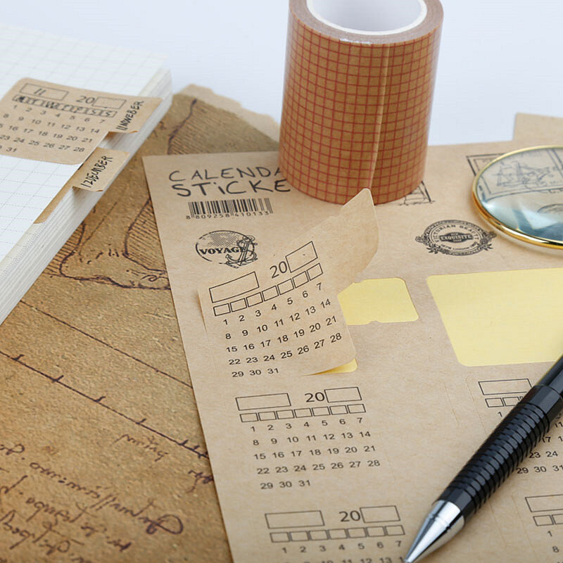 4 hojas de calendario, Papel Kraft Retro, pegatina de escritura a mano, cuaderno, etiqueta de índice, organizador de pegatinas, papelería Kawaii